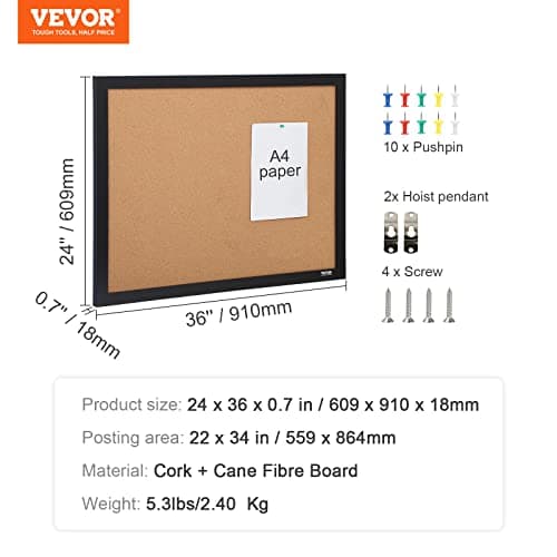 VEVOR Cork Board for Office, 36'' x 24'' Bulletin Board for Wall, Push Pin Board with Framed for Office Home and School 7