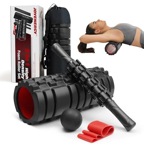 JOYENERGY 5 in 1 Foam Roller Set High Density Foam Roller Patented, Massage Stick, Massage Ball, Stretching for Deep Muscle Massage Pilates Yoga, Fitness Exercise for Trigger Point Release (Black)