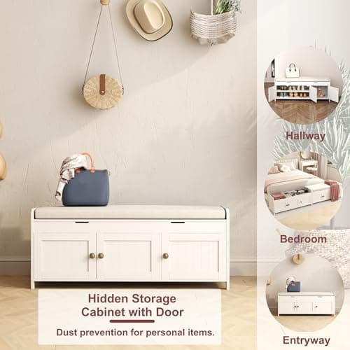 HOMEFORT 41.3" Shoe Bench with Lift Top Storage, Entryway Bench with Cushioned Seat, Wooden End of Bed Bench, Shoe Cabinet Bench with Hidden Storage Space, for Bedroom, Hallway,White 8