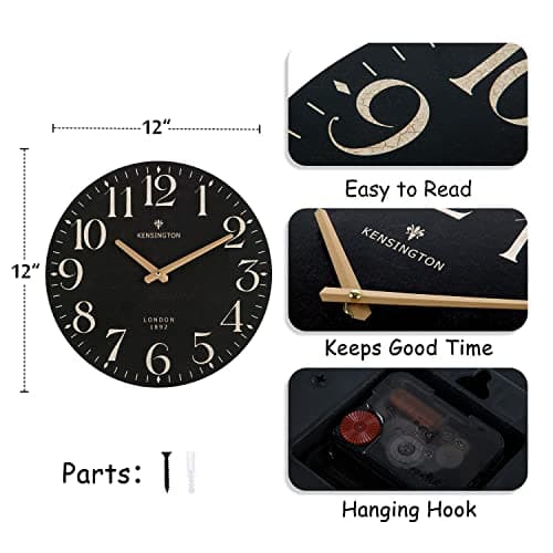 NIKKY HOME Farmhouse Black Wall Clock - 12 Inch Quartz Battery Operated Vintage Wooden Decorative Silent Analog Clock for Kitchen, Living Room, Bedroom, Office 6