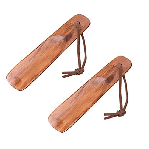 EXCEART Wood Shoe Horn 2Pcs Shoehorns with Leather Strap Short Handle Wooden Shoe Lifters for Men and Women