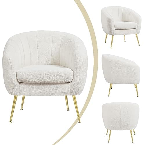 Yaheetech Sherpa Fabric Accent Chair, Modern Cozy Vanity Chair with Gold Metal Legs, Boucle Fabric Armchair with Removable Seat Cushion for Living Room Bedroom Office Guest Room, Ivory 7