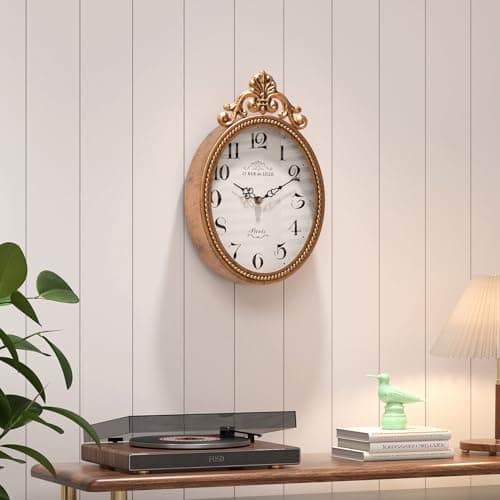 Abdurey Small French Retro Decorative Wall Clock, Antique Gold Vintage Oval Style,Silent Battery Operated Boho Decor Wall Clocks for Farmhouse,Kitchen,Bedroom,Bathroom(10.4" H x 6.7" W) 6