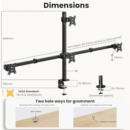 Quad Monitor Mount for 17-32 Inches - Fully Adjustable Heavy Duty 4 Monitor Arm Desk Mount, Max Load 22lbs per Screen, Clamp/Grommet, VESA 75/100 mm, Black 5