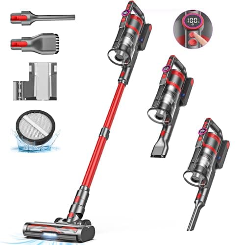 JELLYPIG Cordless Vacuum Cleaner, 550W 45KPA 60Mins Vacuum Cleaners for Home, Rechargeable Stick Vacuum Cordless with LED Screen, Anti-Tangle V-Shaped Brush for Carpet,Pet Hair,Hardwood Floor