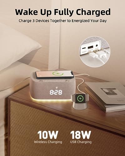 EZVALO Alarm Clock with Wireless Charger,Multifunctional Digital Clock Radio with Speaker,Dimmable LED Display with 9V&2A Fast Charging Port,Night Light for Bedroom, Gray 3