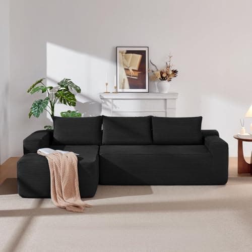 Vanress 97" Cloud Couch Sectional, L Shaped Boneless Couch Sectional Couches for Living Room, Modern Comfy Corduroy Fluffy Modular Sofa with Deep Seat, No Assembly (Black, Left Facing Chaise)