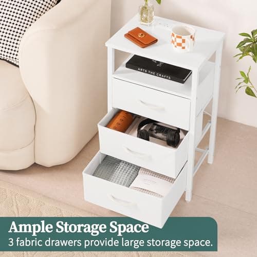 Yoobure Night Stand with Charging Station, 16 Colors LED Nightstand with USB Ports and Outlets, End Table with 3 Fabric Drawers and Storage Shelf, Bedside Tables Small Dresser for Small Space White 6