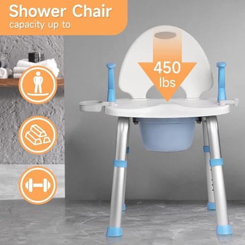 FlyingJoy 3-in-1 Shower Chair up to 450LBS with Removable Commode, Shower Beach Seat Raised Toilet Seat with Arms Backrest, Bathroom Chair for elderly Shower Safety Seat with Soap Dish and Shower Clip 5