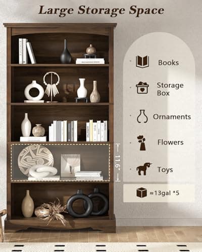 TVU 5-Tier Wooden Bookshelf, 65 Inch Tall Bookshelf with Storage, Floor Standing Modern Style Display Bookcase for Living Room, Office, Study Room, Entryway, Brown 5