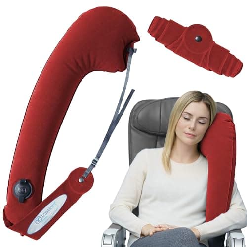 TRAVELREST Ultimate Travel Pillow & Body Pillow - Headrest, Auto, Bus, Train, Office Napping, Camping, Wheelchairs, Comfort and Support, Rolls Up, Straps to Airplane Seat & Car - Red