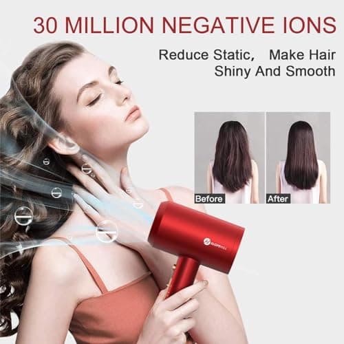 Slopehill Professional Ionic Hair Dryer, Powerful 1800W Fast Drying Low Noise Blow Dryer with 2 Concentrator Nozzle 1 Diffuser Attachments for Home Salon Travel (Agate Red) 5