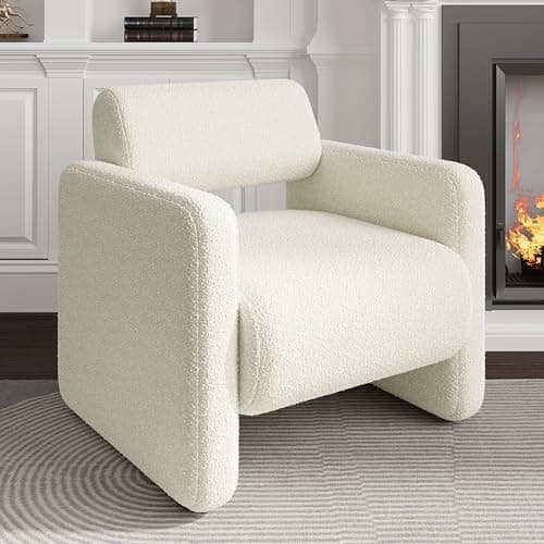 allamazing Accent Chair, Modern Boucle Fabric Armed Chair, Comfortable Single Sofa Chair for Living Room, Solid Wood Frame, Comfy Side Chair for Bedroom, Office, Reading (Beige)
