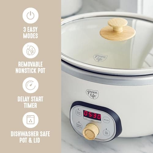 GreenLife 6QT Slow Cooker, Non-Toxic PFAS-Free Ceramic Nonstick Removable Interior Bowl, Programmable, Family Friendly, Keep Warm, Stovetop & Oven Safe, Dishwasher Safe Crock, Timer, Glass Lid, Cream 7