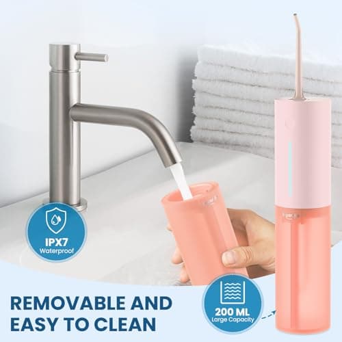 Cordless Water Flosser for Teeth Clean, Portable Electric Water Dental Flosser for Travel, 3 Modes 8 Intensities, IPX7 Waterproof Water Dental Picks for Gums Braces with 4 Tips (Pink) 5