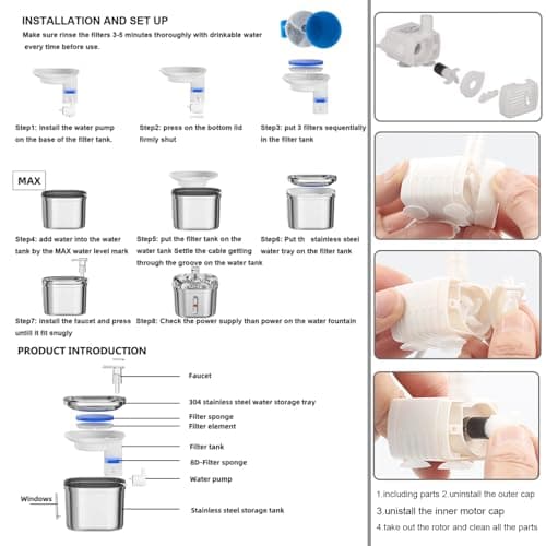 Homtyler Cat Water Fountain, Stainless Steel Pet Water Fountain for Cats Inside, 3 Filters&Ultra-Quiet Pump, 2.2L/73oz Automatic Dog Dispenser Water Bowl, Multiple Pets Water Fountain 2