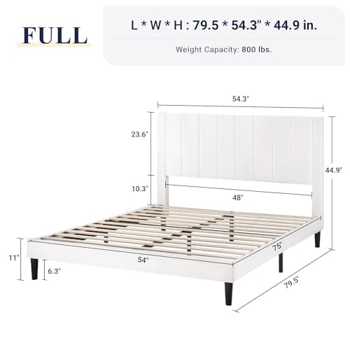 Allewie Full Bed Frame/Velvet Upholstered Bed Frame with Vertical Channel Tufted Headboard/Strong Wooden Slats/Platform Bed Frame/Mattress Foundation/Box Spring Optional/Easy Assembly/White 2