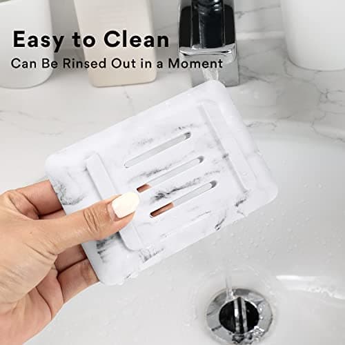 Aimou Non-Slip Soap Holder with Drain, Marble White Resin Soap Tray, Keeps Soap Bars Dry Clean, Easy to Clean in Bathroom 5