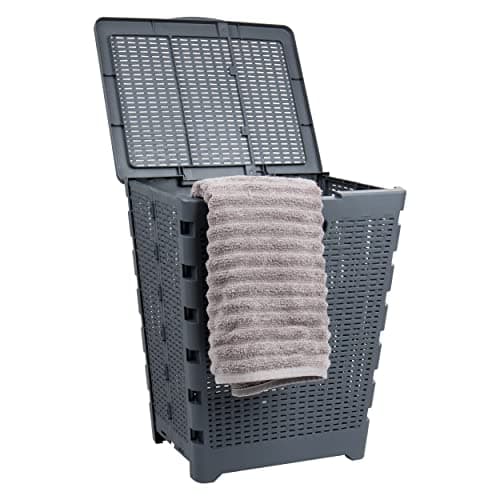 Mind Reader 61L Foldable Laundry Hamper, Clothes Basket, Lid, Wicker Design, Plastic, 18"L x 14.5"W x 21.25"H, Gray
