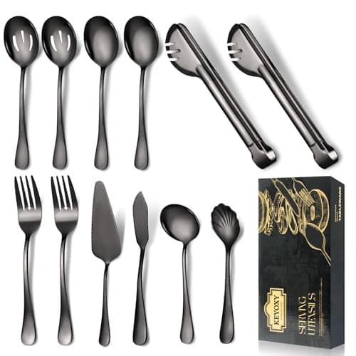 Keyoxy Black Stainless Steel Serving Utensil Set, 12 Pcs, with Large Slotted/Spoon/Forks/Soup Ladle/Tongs/Pie Server/Butter Knife for Parties/Kitchen/Buffet/Catering