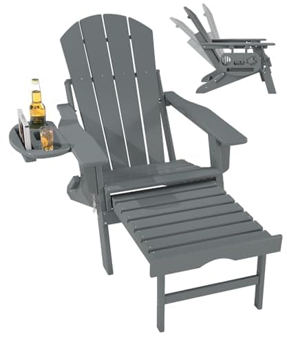 FOOWIN Folding Adjustable Adirondack Chair with Retractable Ottoman, HDPE Adirondack Chair w/4 in 1 Cup Holder Trays,All-Weather Resistant Fire Pit Chair for Outdoor Patio Lawn, Grey