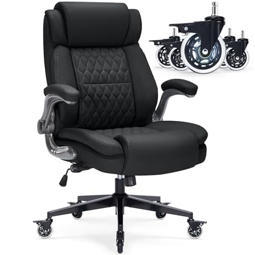 Bonded Leather High Back Office Chair 400lbs-Adjustable Built-in Lumbar Support, Flip Arms, Locking Wheels-Ergonomic Computer Desk Chair with Heavy Duty Base, Thick Padded Large Work Chairs for Adults