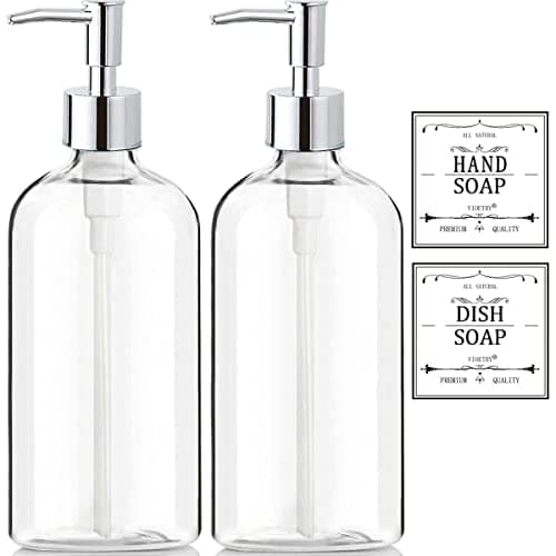 Clear Soap Dispenser with Rust Proof Pump, Waterproof Labels (2 Pack,16 Oz), Plastic Hand Soap Dish Soap Dispenser for Kitchen Bathroom