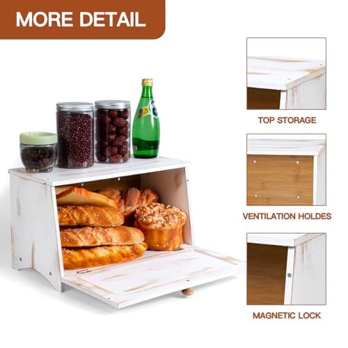 DAOYOUSKY Bamboo Bread Box for Kitchen Countertop, White Vintage Wooden Counter Breadbox, Single Layer Rustic Wood Large Capacity Bread Storage Container Bin 5