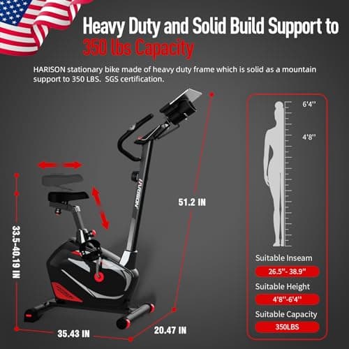 HARISON Exercise Bike for Home Gym with Self-Powered System, Electromagnetic/Magnetic Control Stationary Bikes for Home with 2 in 1 LCD Monitor and Tablet Holder, 350lbs Capacity 8