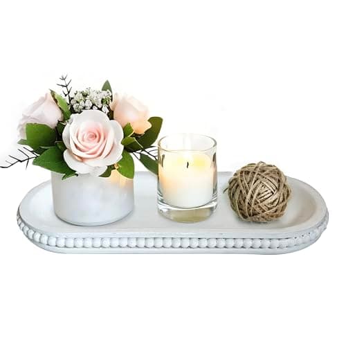 dwellington Wooden Farmhouse Decorative Tray, 12in Rustic Beaded Tray for Living Room Decor, Kitchen Table Décor, Oval Coffee Table Serving Tray (White)