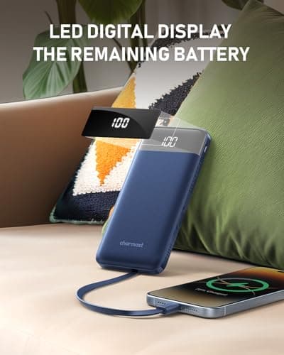 charmast Portable Charger with Built in Cables, 10000mAh Slim Power Bank, 15W USB C in&Out Port High Speed Charging External Charger, Battery Pack Compatible with iPhone 16 15 13 Samsung Google iPad 7