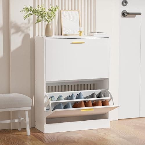 JOZZBY Shoe Cabinet Storage for Entryway, Slim White Hidden Shoe Organizer Cabinet with 2 Flip Drawers, Wooden Narrow Shoe Rack with 2 Tier Freestanding for Hallway, Living Room