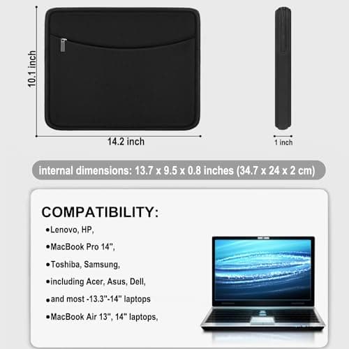 Laptop Sleeve Case 14 inch, Shockproof Protective Laptop Cover Briefcase Carrying Computer Bag with Accessory Pocket Portable Computer Sleeve for 14" MacBook, HP, Dell, Lenovo, Acer, Black 5