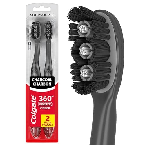 Colgate 360 Vibrate Charcoal Battery Operated Electric Toothbrush Pack, Soft with 1 AAA Battery Included, Black, 2 Count