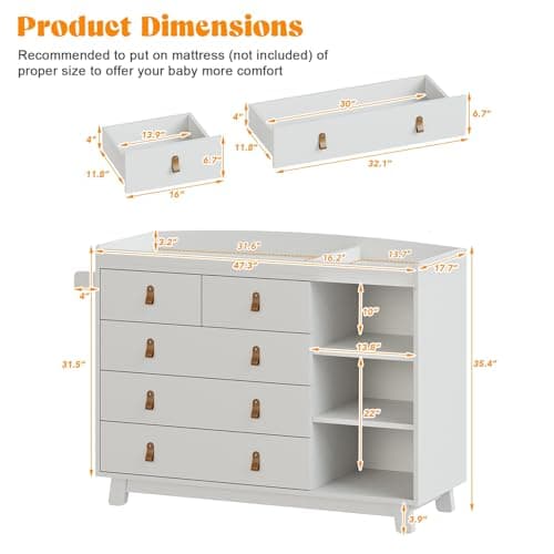 Baby Dresser with Changing Table Top, Baby Changing Table Dresser with 5 Drawers and Adjustable Shelves, Multi-Functional Diaper Changing Station, Nursery Organizer for Kids Bedroom, White 5