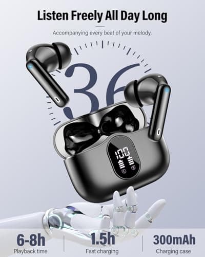 Wireless Earbuds, Bluetooth 5.4 Headphones Bass Stereo, Ear Buds with Noise Cancelling Mic, LED Display in Ear Earphones Clear Calls, IP7 Waterproof Bluetooth Earbuds for Phones/Sports/Laptop, Black 5
