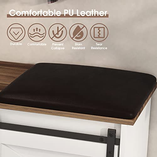 SAINTCY Modern White Entryway Bench with Hidden Shoe Storage Compartment, Farmhouse Bench with Cushion 7