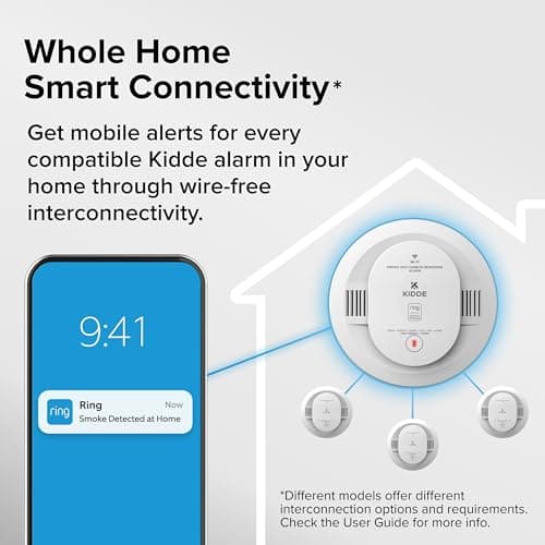 Kidde Smart Smoke Detector, Ring App Enabled for Real-Time Notifications, Hardwired Alarm, AA Backup Battery 6