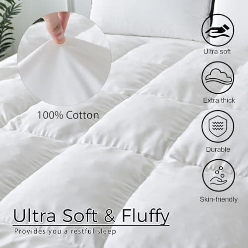 WhatsBedding 5 Inch Memory Foam Mattress Topper Queen Size, 100% Cotton Cover Breathable Fluffy Shredded Memory Foam Filled Pillow Top, Anti-Slip Bottom, 4 Anchor Elastic Bands, 80x60x5 Inch, White 5