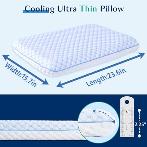 Iwacool Thin Pillow for Sleeping, Cooling Gel Flat Pillow for Stomach and Back Sleepers, Ultra Slim Stomach Sleeping Pillows for Shoulder Neck Pain Relief, Low Profile Memory Foam Pillows 2.25-inches 5