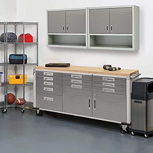 Seville Classics UltraHD Heavy Duty Rolling Cabinet Workbench Table w/Solid Wood Top, Workstation for Garage, Warehouse, Office, Workshop, 77" W x 20" D x 37.5" H, Granite, 11-Drawer 6