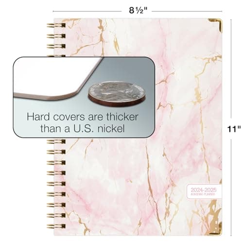 HARDCOVER Academic Year 2024-2025 Planner: (June 2024 Through July 2025) 8.5"x11" Daily Weekly Monthly Planner Yearly Agenda. Bookmark, Pocket Folder and Sticky Note Set (Pink Marble) 7