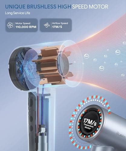 Labiim Hair Dryer, High-Speed Ionic Low Noise Blow Dryer with Brushless Motor for Fast Drying, Thermo-Control Quiet Compact Hair Blow Dryer, Hairdryer 6