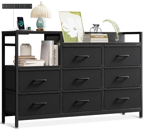 ODK Dresser with Charging Station, 52-Inch Long Dresser for Bedroom with 8 Storage Drawers, Fabric Dressers Chests of Drawers with Sturdy Steel Frame and Wooden Top, Black