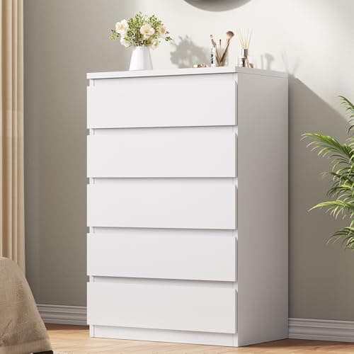 Jocoevol White 5 Drawer Dresser for Bedroom, 15" D x 23.7" W x 40.4" H in Simply Modern Chest of Drawers, Wood Storage Dresser with Deep Drawers for Living Room Hallway Entryway, White