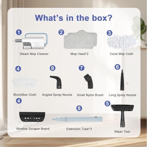 7-in-1 Steam Mop, 1200W Rotated Steam Cleaner for Home, 2 Modes, 400ML Removable Tank, 23FT Cord, 2 Washable Pads, Multi-Surface Steamer for Hard Floor, Laminate Floor, Tiles Cleaning (Light Blue) 8