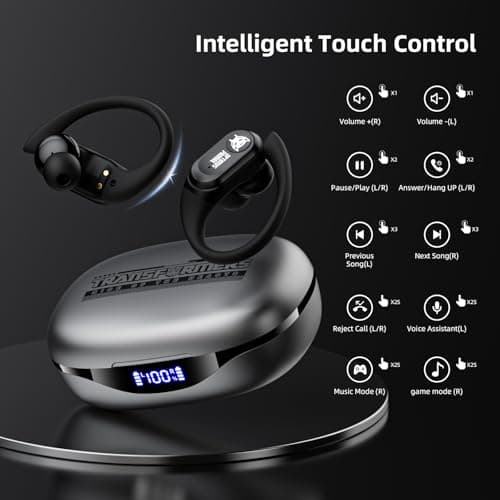 Transformers Over The Ear Earbuds Wireless Bluetooth 5.4 LED Power Display Earbuds with Earhooks 65H Playtimes Deep Bass IPX5 Waterproof Ear Buds for Sports/Workout, TF-T26 Optimus Prime 6