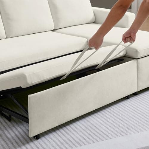 85’’ Sofa Bed, 2 in 1 Sleeper Sofa with Multiple Storage Spaces and Detachable Chenille Cover, Easy to Assemble, Comfy Futon Pull Out Couch for Living Room/Office/Apartment (Beige) 7