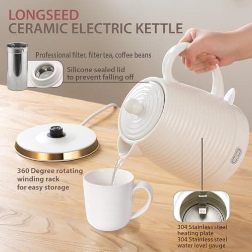LONGSEED 1.26 Quarts Ceramic Electric Kettle with Infuser & Cups Kit, Boil Water Teapot, Boil-Dry Protection Auto Shut-off, Detachable Swivel Base, 1000W Fast Boiling for Tea and Coffee 5