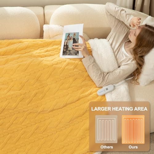 LUZARTA Electric Blanket Twin Size 62"X84" Yellow - Soft Thick Warm Sherpa Heated Blanket for Winter with 5 Fast Heating Levels & 10hrs Auto Off for Women, Washable & ETL Certified for Office, Bed 6